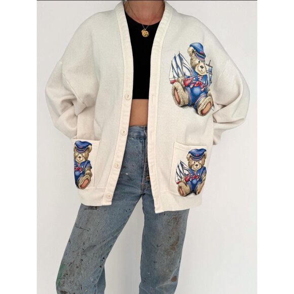 90s vintage nautical sailboat teddy bear graphic button up sweatshirt cardigan - Picture 2 of 9